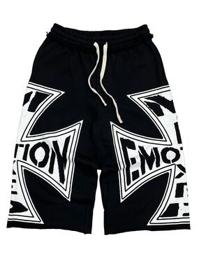 Mixed Emotions Black Graphic Cross Print heaby weight Shorts w/ White Drawstring
